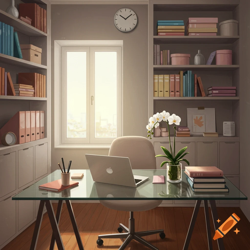 A stylized, organized home office with a glass desk, laptop, orchid, and bookshelves bathed in warm light from a large window.