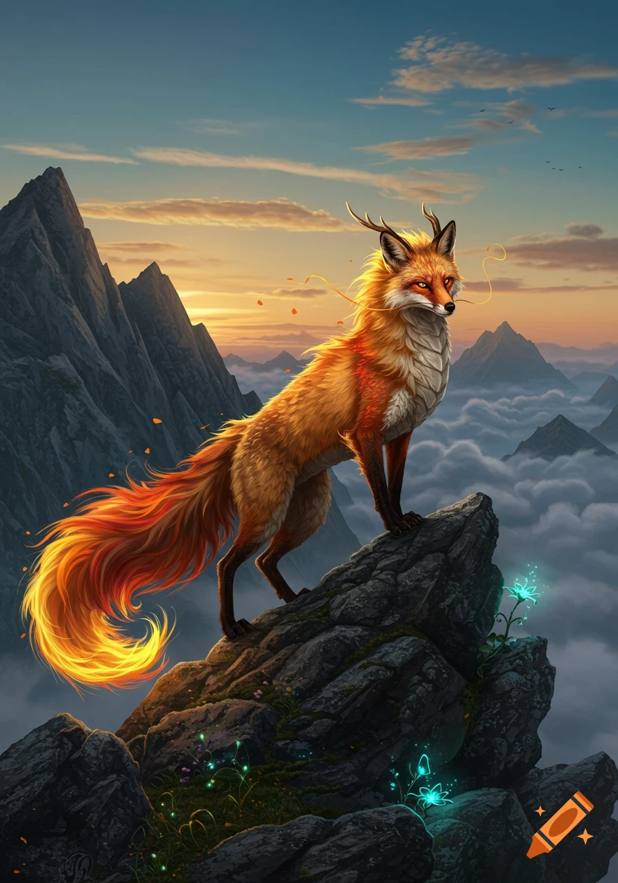 A vibrant fantasy fox with antlers and a fiery tail stands on a mountain peak at sunset, surrounded by glowing plants and clouds.