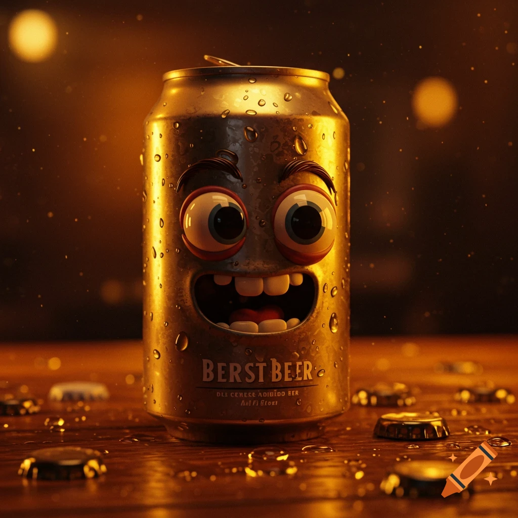 A photorealistic cartoon beer can with a happy face and water droplets sits on a wet wooden table with scattered bottle caps.