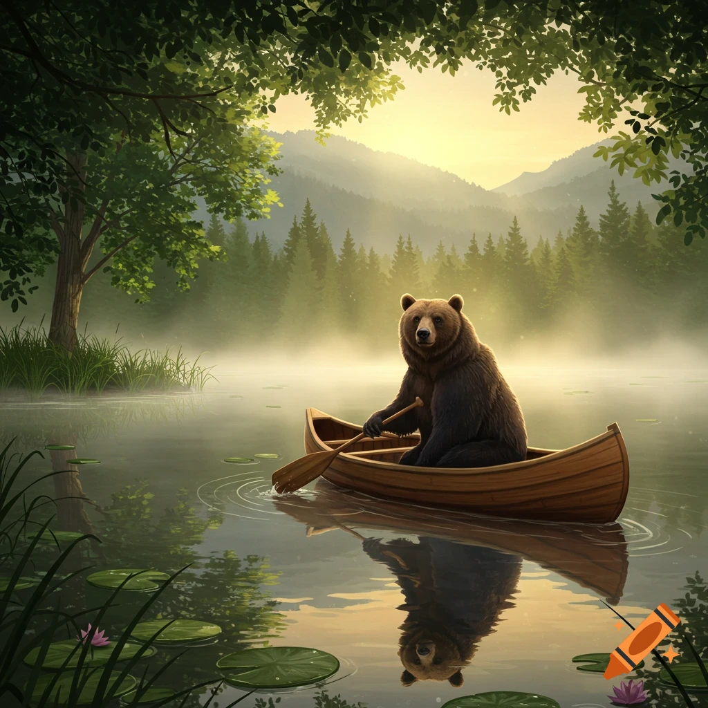 A brown bear in a wooden canoe paddles on a misty lake surrounded by a forest at sunrise, with a reflection in the water.