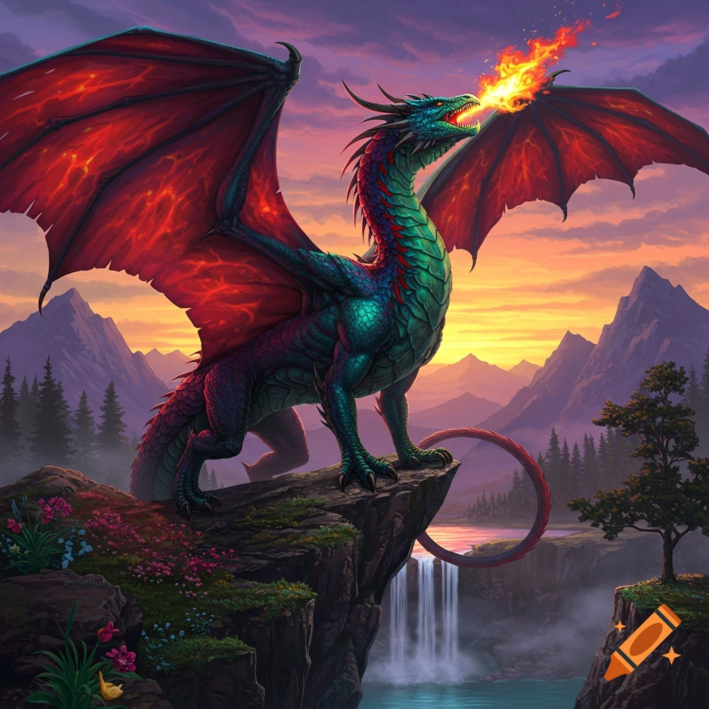 A majestic teal and red dragon breathes fire from a cliff overlooking a waterfall and mountains at sunset.