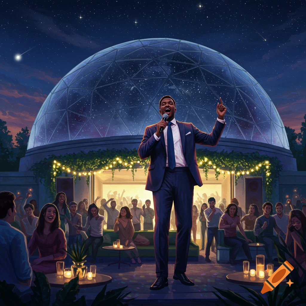 A man in a suit sings into a microphone on a stage at an outdoor night event with a crowd and a large glass planetarium dome under a starry sky.