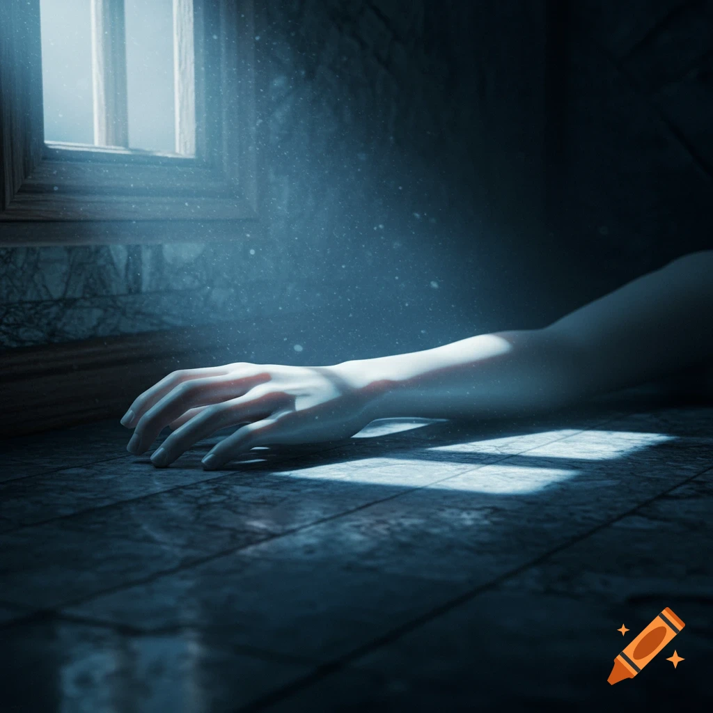 A pale human arm lies on a dusty, tiled floor, illuminated by a beam of light from a window in a dark, atmospheric room.