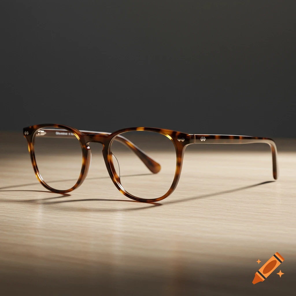 A pair of tortoise-shell framed eyeglasses with clear lenses sits on a light wooden surface in soft studio lighting.