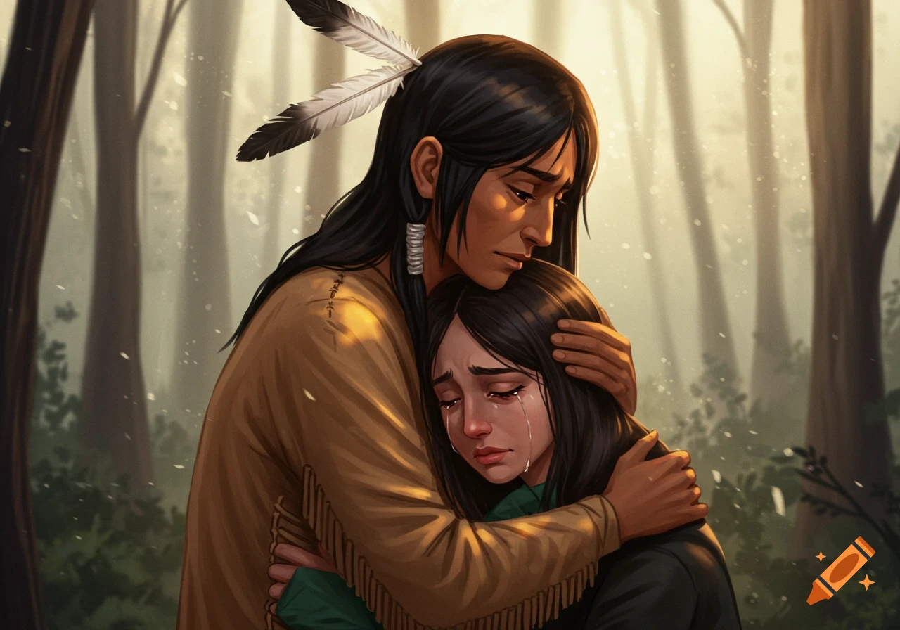An emotional illustration of a Native American man with feathers in his hair embracing and comforting a crying woman in a forest, with light filtering through the trees.