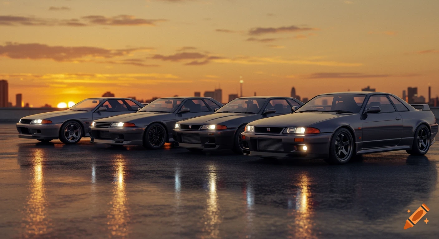Four dark Nissan GT-R cars parked in a line on a wet surface with a city skyline at sunset, photorealistic style.