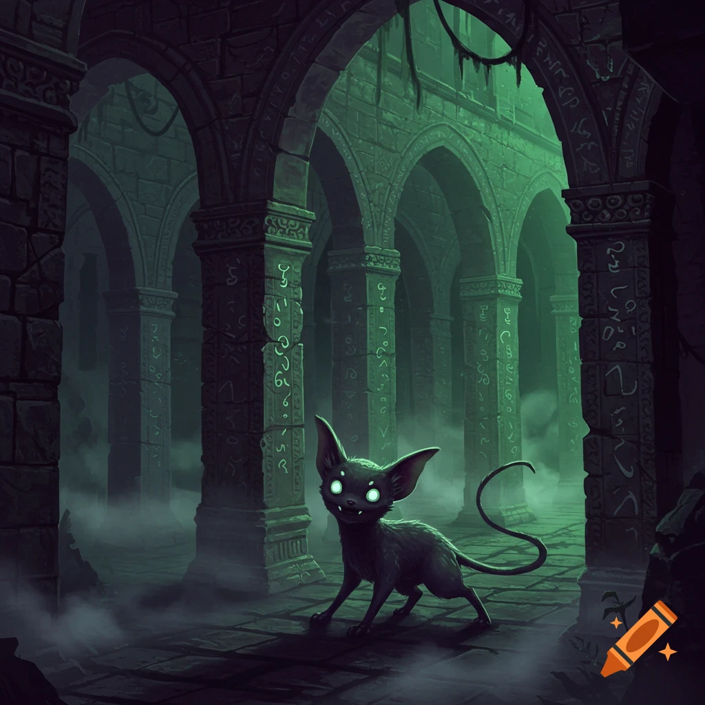A small, dark, cat-like creature with glowing eyes stands in a misty, green-lit fantasy dungeon with stone arches and glowing symbols.