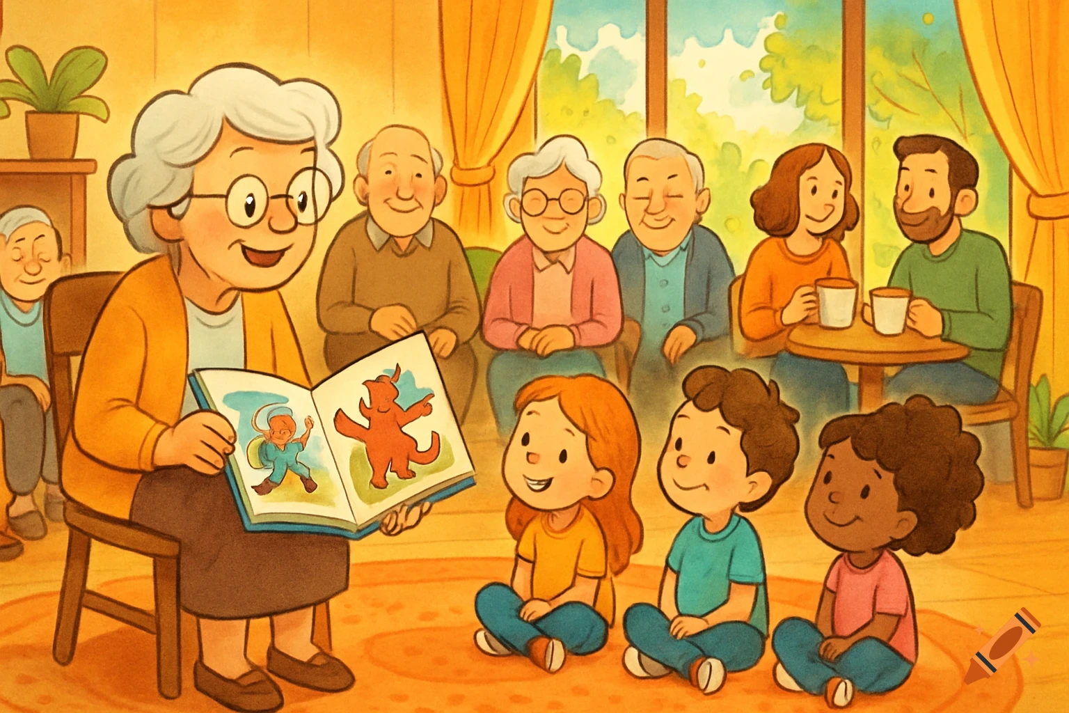 A cartoon of an elderly woman reading a picture book to three children, with adults and seniors watching in a bright room.