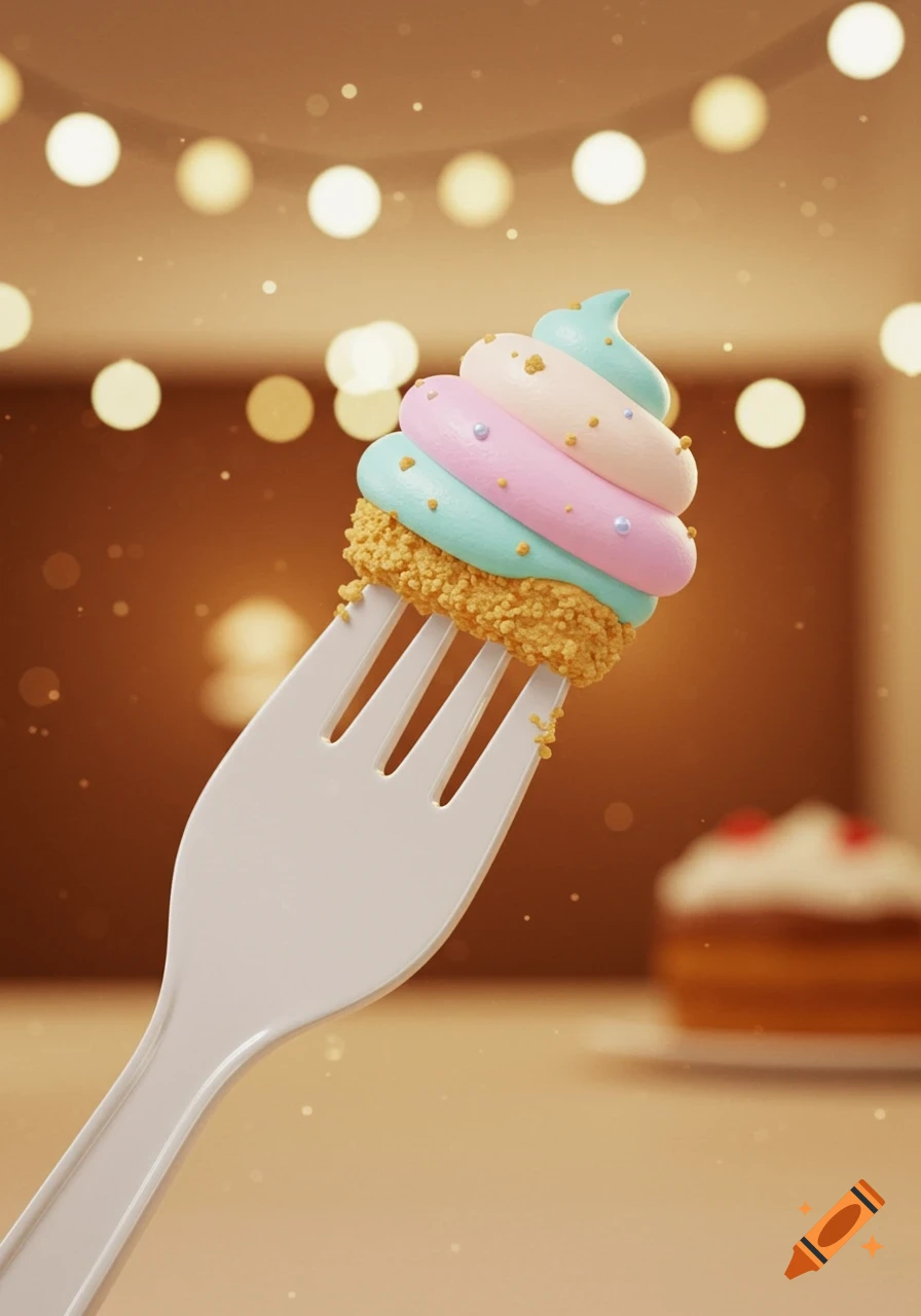 Animated colorful frosting and cake on a white plastic fork, with blurry lights in the background.
