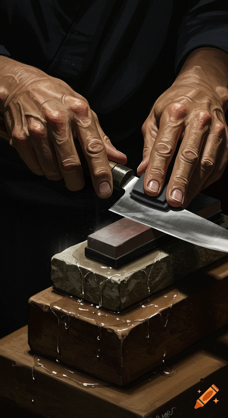 Close-up of hands sharpening a Japanese chef's knife on a wet whetstone, with water dripping, in a dark, moody illustration.