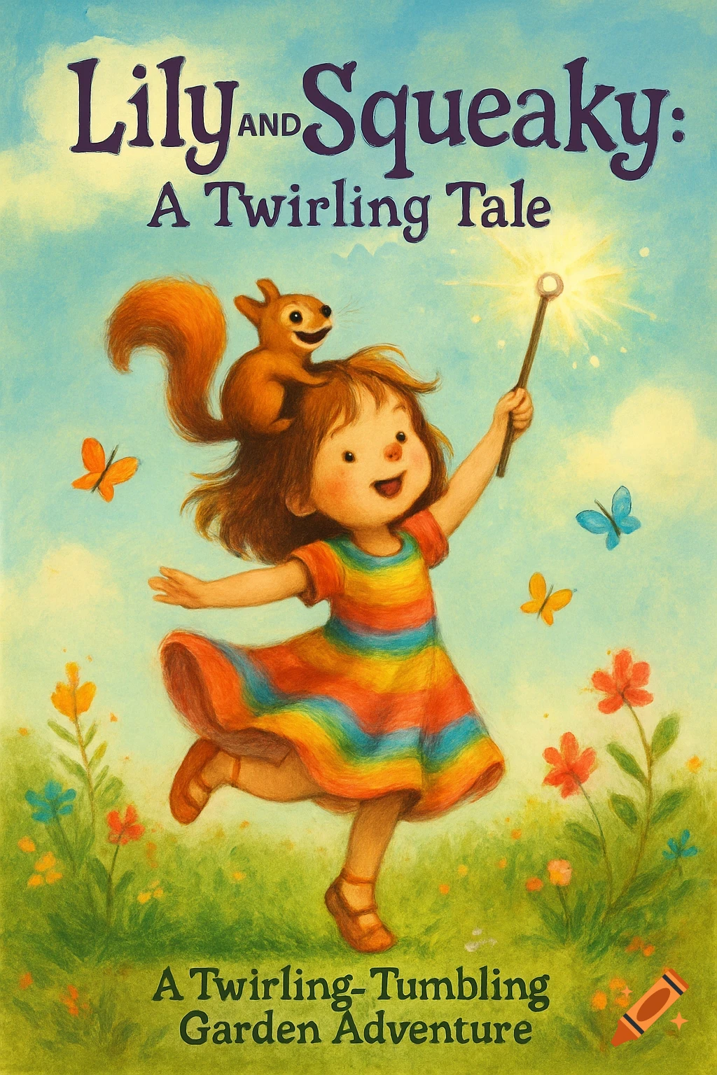 A whimsical illustration shows a girl in a rainbow dress twirling with a squirrel on her head and a magic wand in a garden.