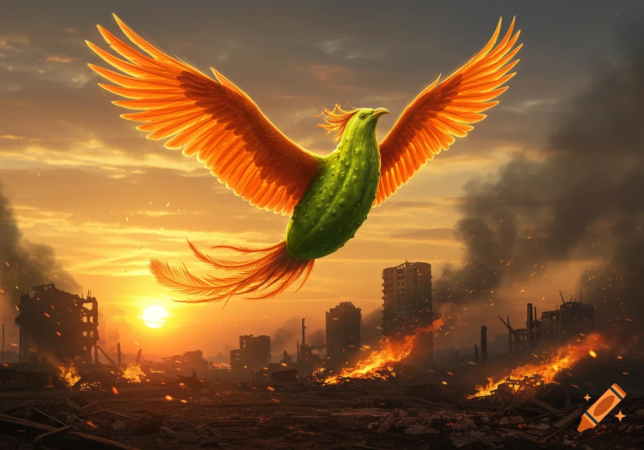 A vibrant green pickle-bodied phoenix with orange wings flies over a burning, ruined city at sunset.
