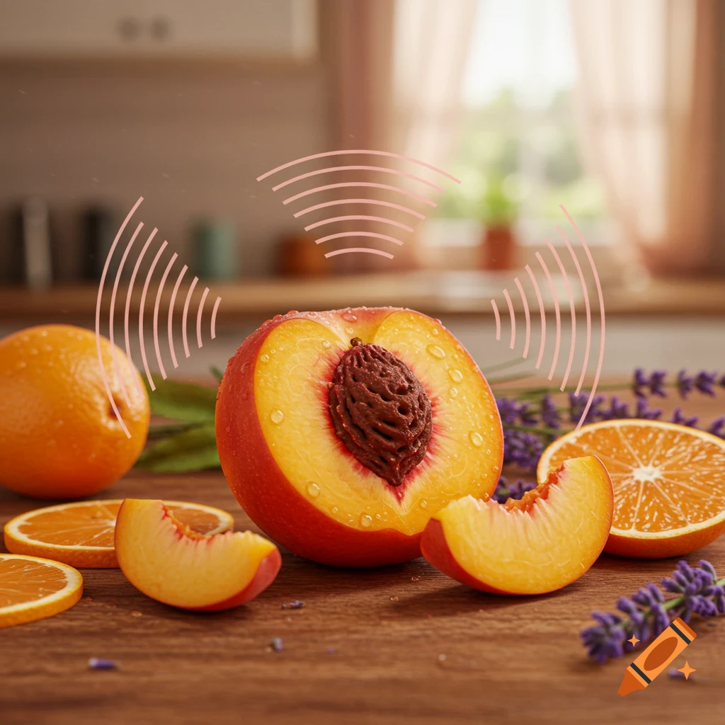 Halved peach with water droplets, a peach slice, oranges, and lavender on a wooden table with pink wavy lines, in a kitchen.