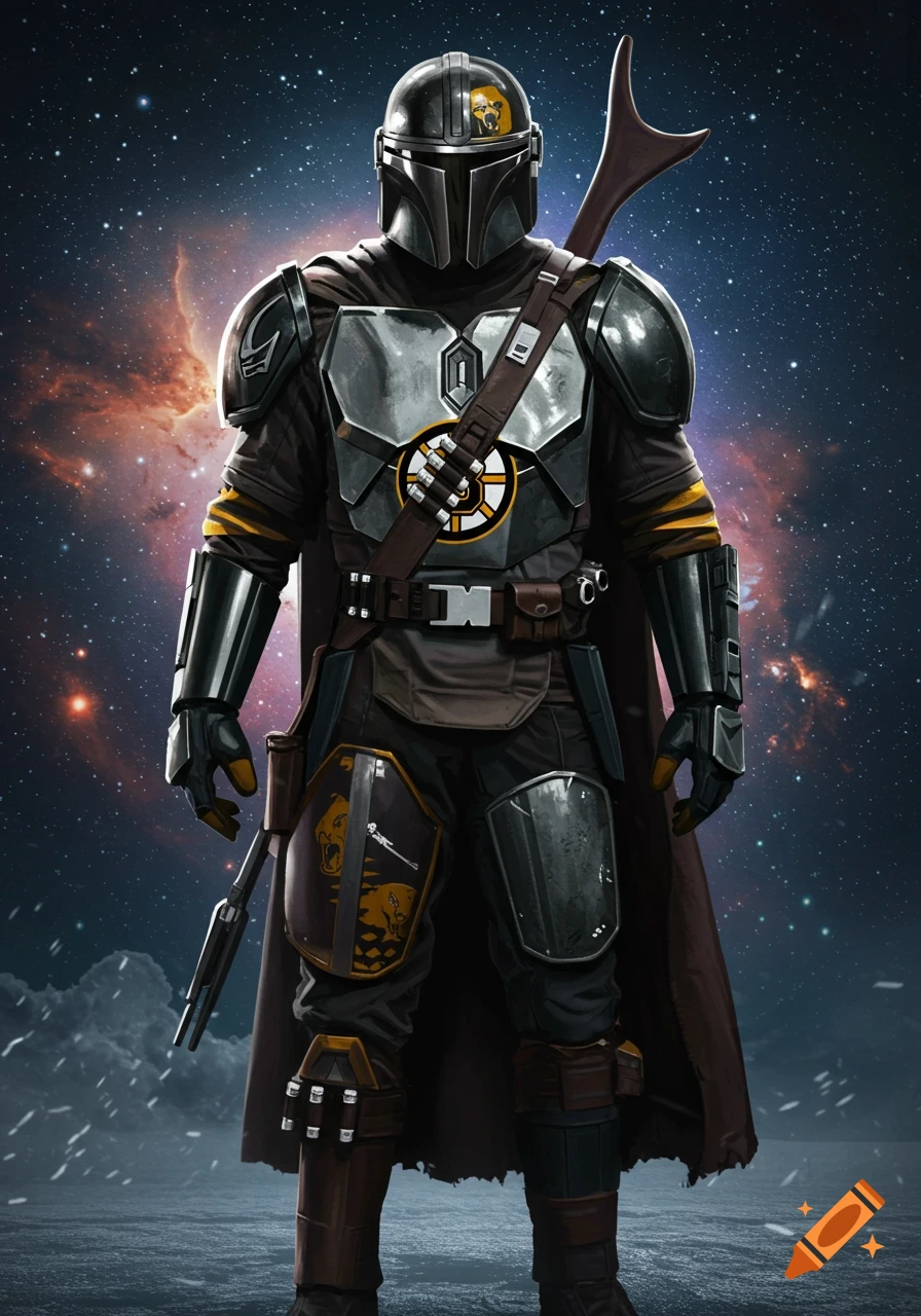 A full-body digital illustration of a Mandalorian in black and silver armor, featuring Boston Bruins logos, against a starry space background.