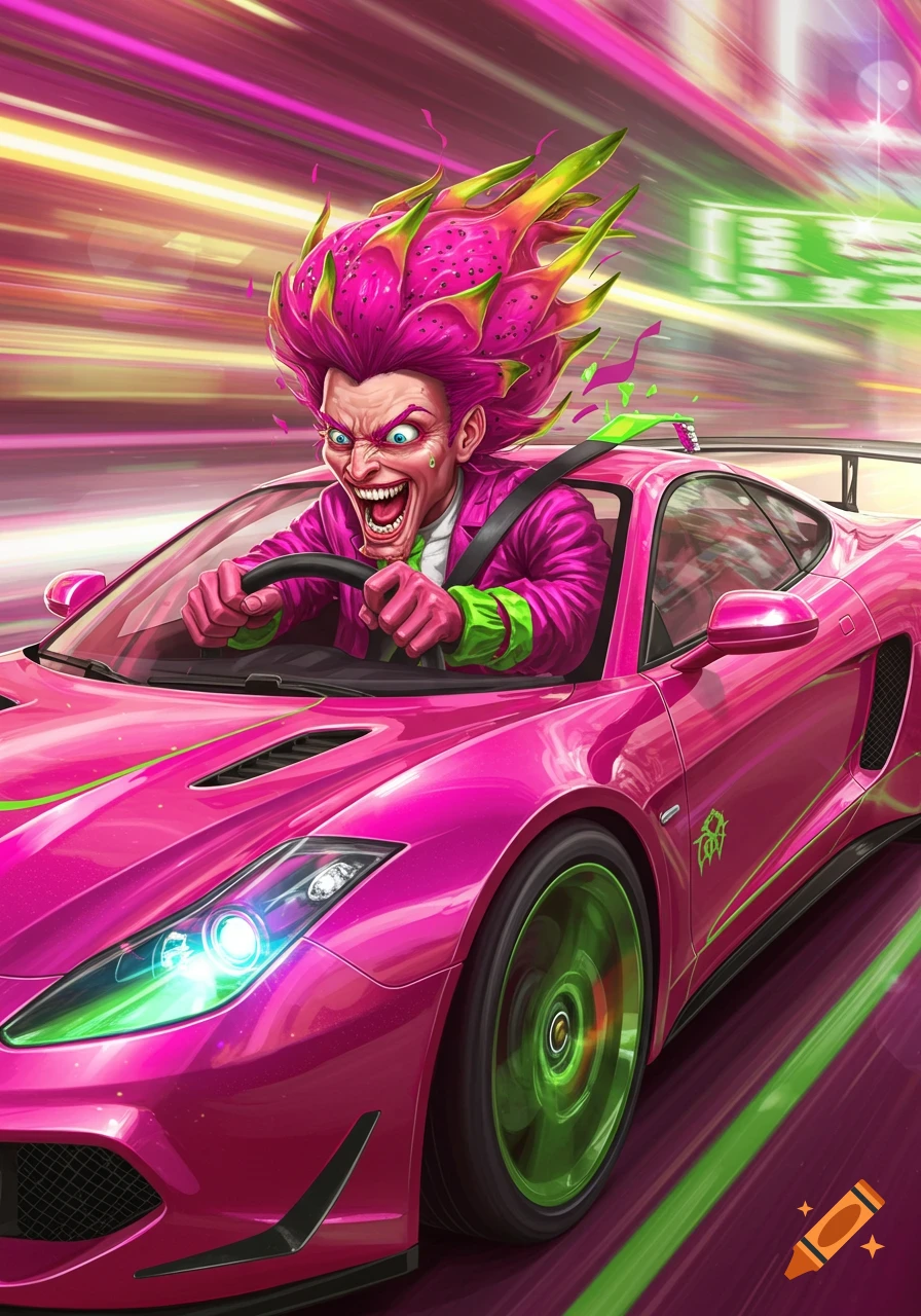 A cartoonish, mad-looking man with pink and green dragon fruit hair drives a vibrant pink sports car at high speed.