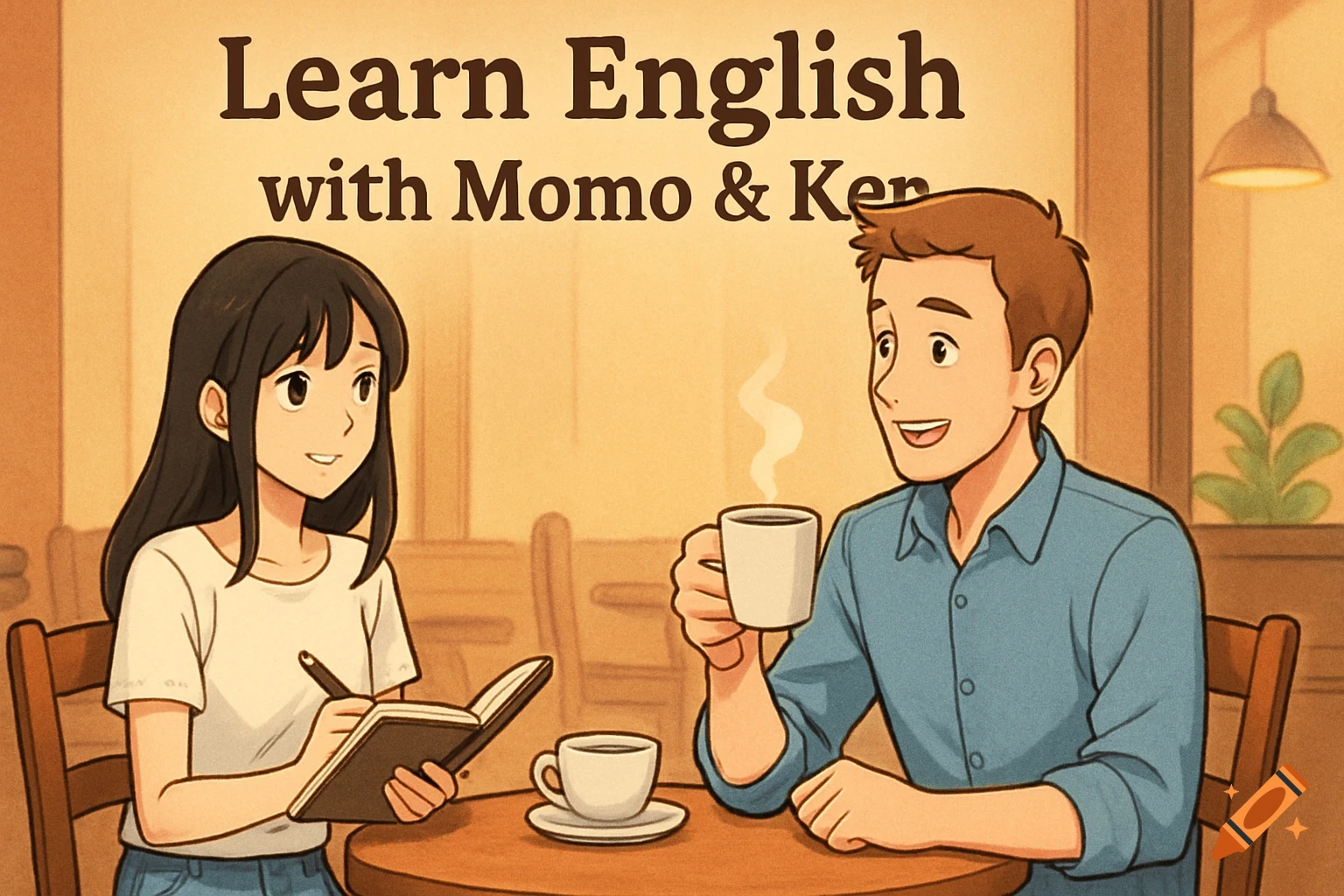 Anime illustration of a woman writing and a man holding coffee at a cafe table, with text 'Learn English with Momo & Ken'.