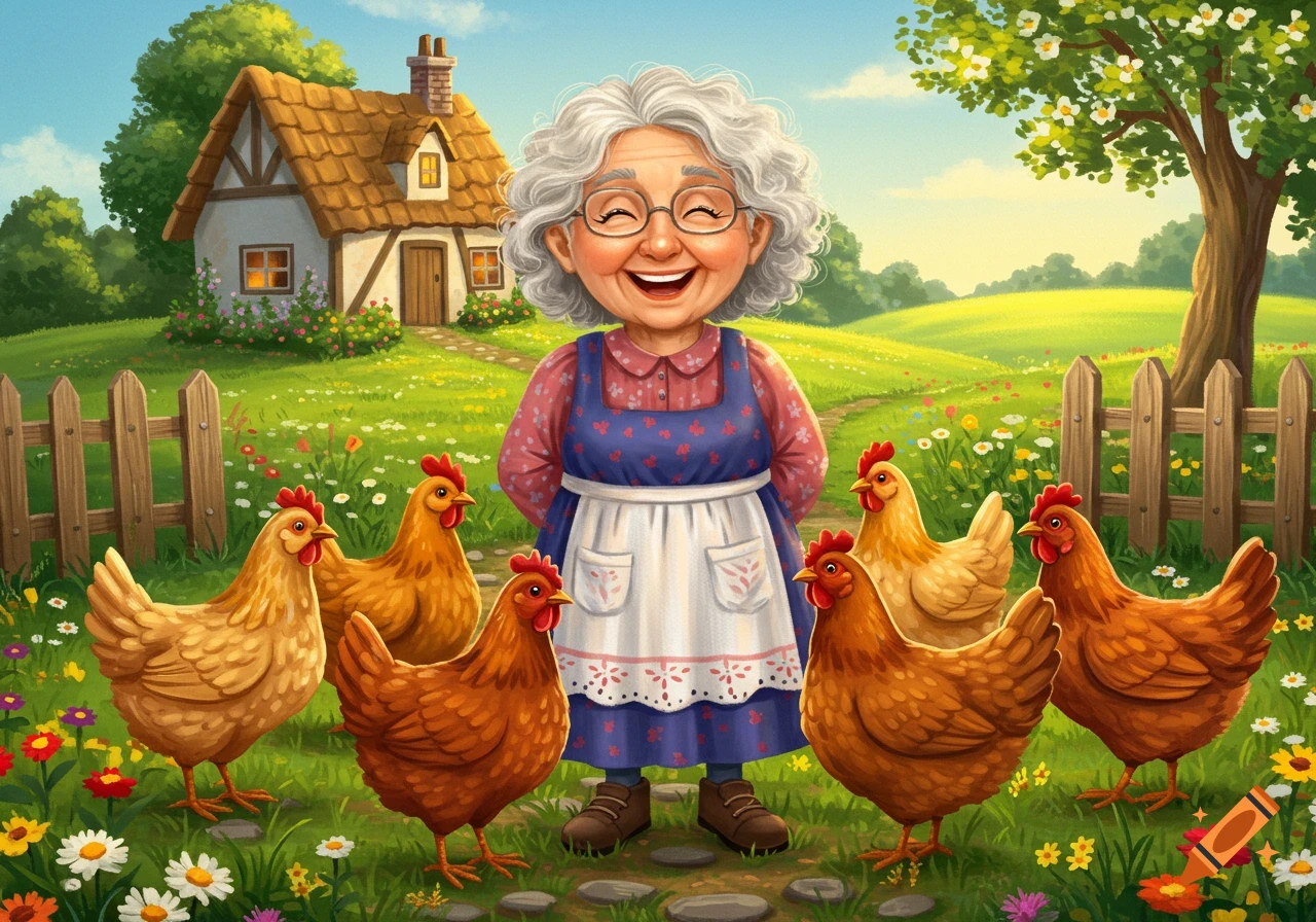 A cartoon grandma smiles happily, surrounded by chickens on a sunny farm path in front of a cottage.