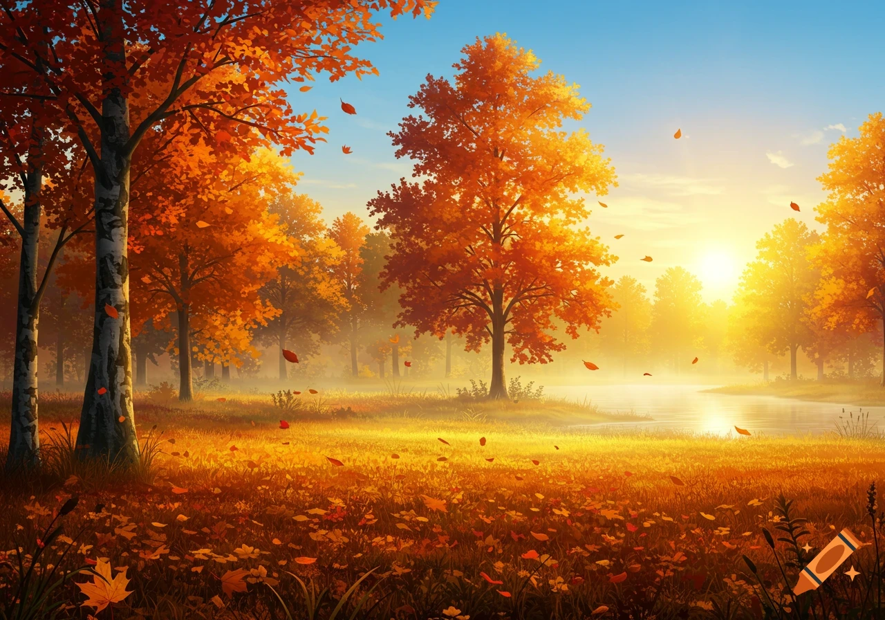 Vibrant autumn landscape painting with golden trees, fallen leaves, a misty lake, and a bright sunrise.