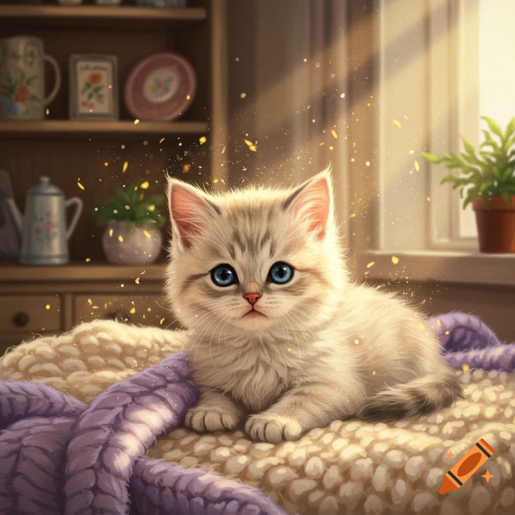A fluffy white kitten with bright blue eyes sits on a textured blanket, illuminated by golden sparkles in a cozy room.