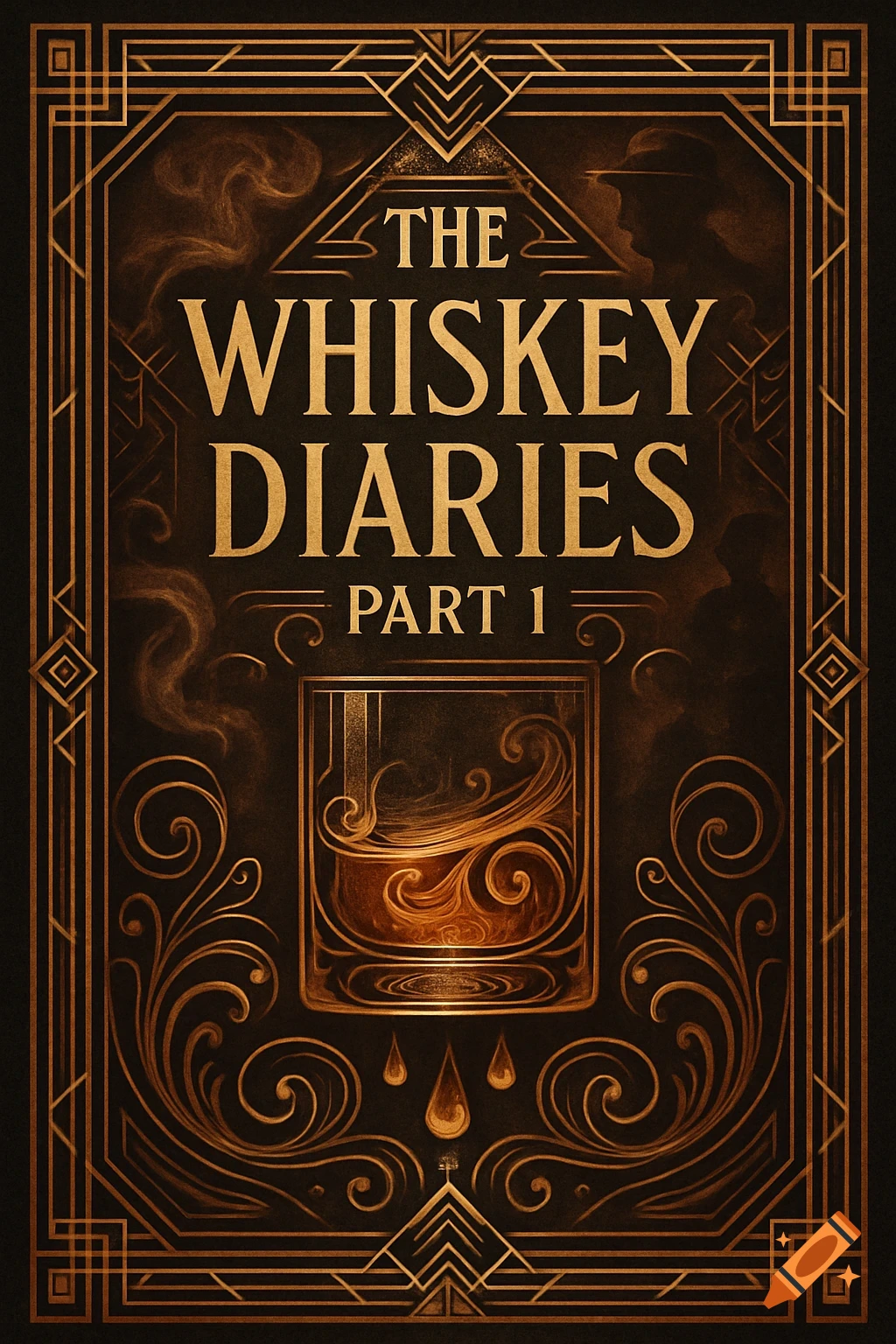 Art Deco style book cover for 'THE WHISKEY DIARIES PART 1' with a glass of swirling whiskey.