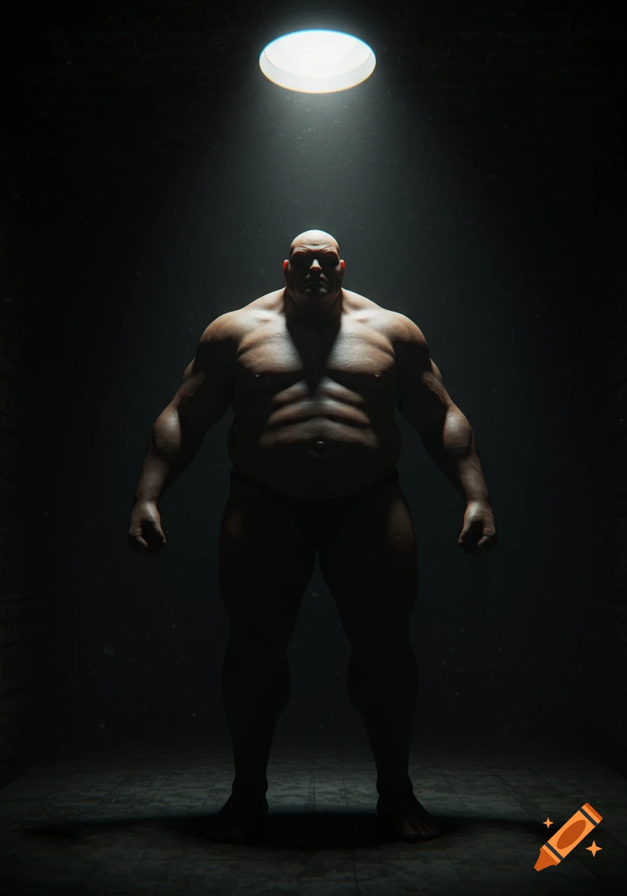 Photorealistic image of a bald, muscular man wearing dark underwear, standing in a dimly lit room with a single overhead spotlight. The man's body is cast in dramatic shadows, highlighting his physique against the dark background.