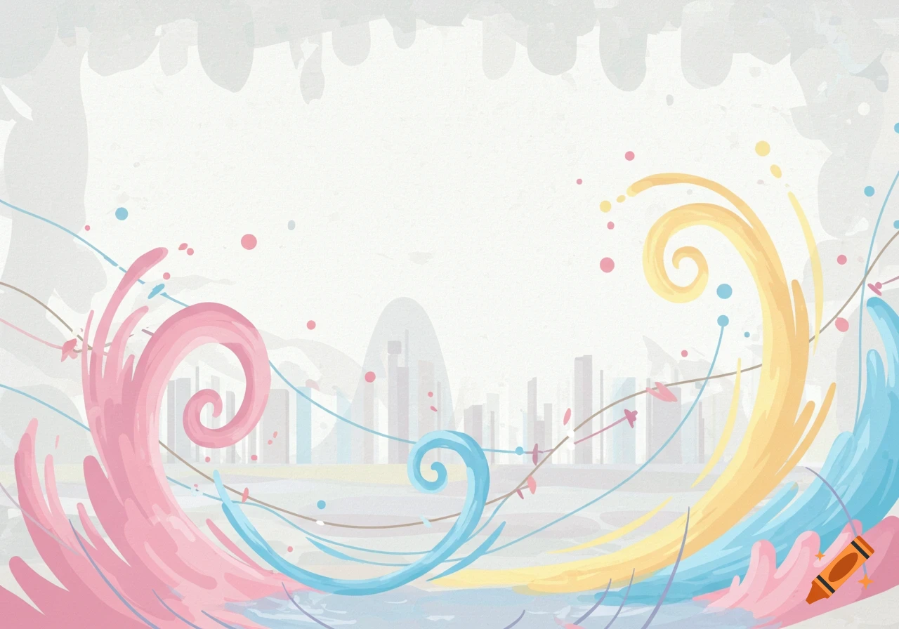 Abstract illustration with pastel pink, blue, and yellow swirls and splashes over a faint, muted cityscape background.