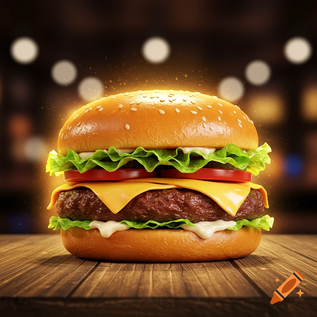 A juicy hamburger with cheese, lettuce, and tomatoes, surrounded by a golden glow, resting on a wooden table.