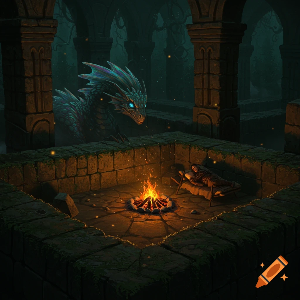 A glowing-eyed dragon watches a traveler sleeping by a campfire in a dark stone dungeon, fantasy art.
