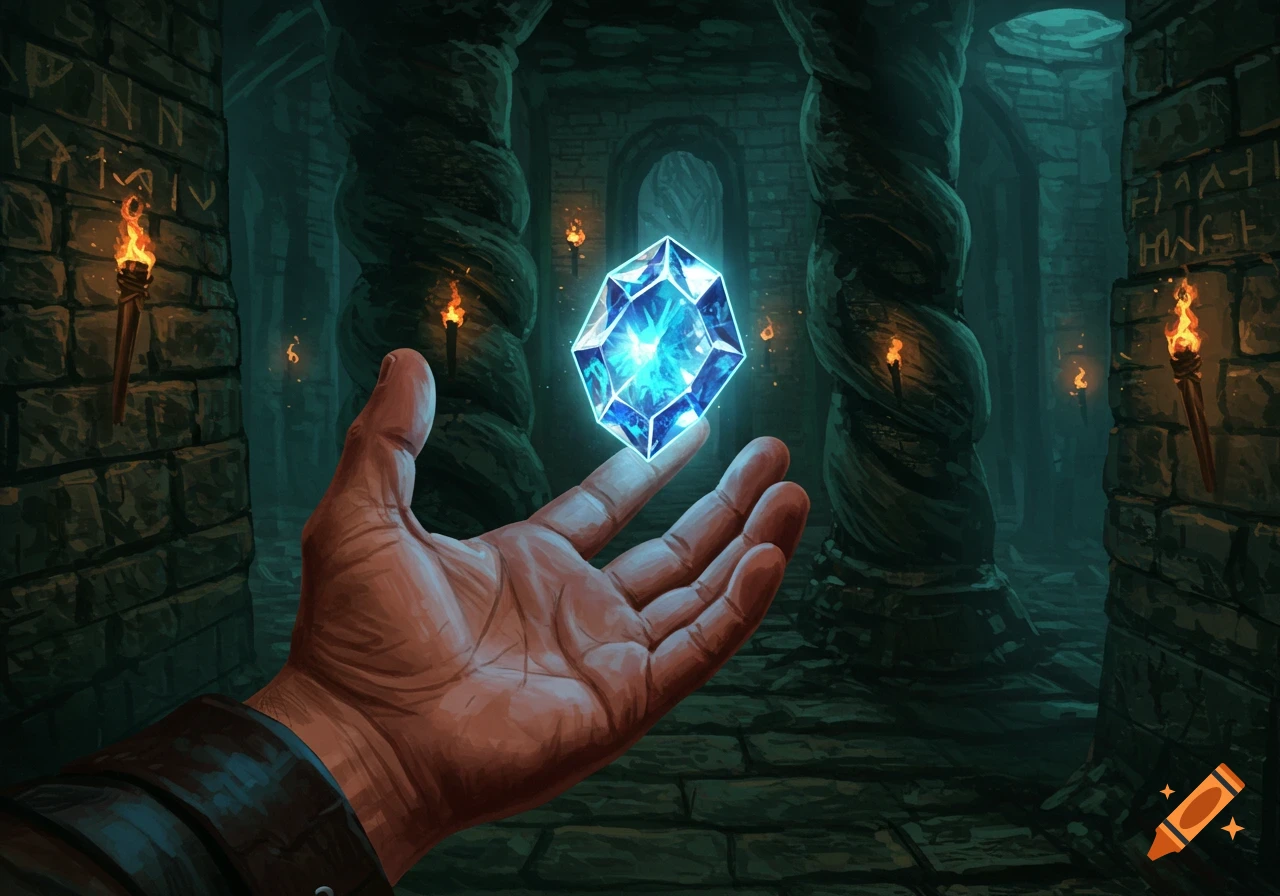 An adventurer's hand holds a glowing blue sapphire in a torchlit dungeon with ancient runes on the walls, in a fantasy art style.