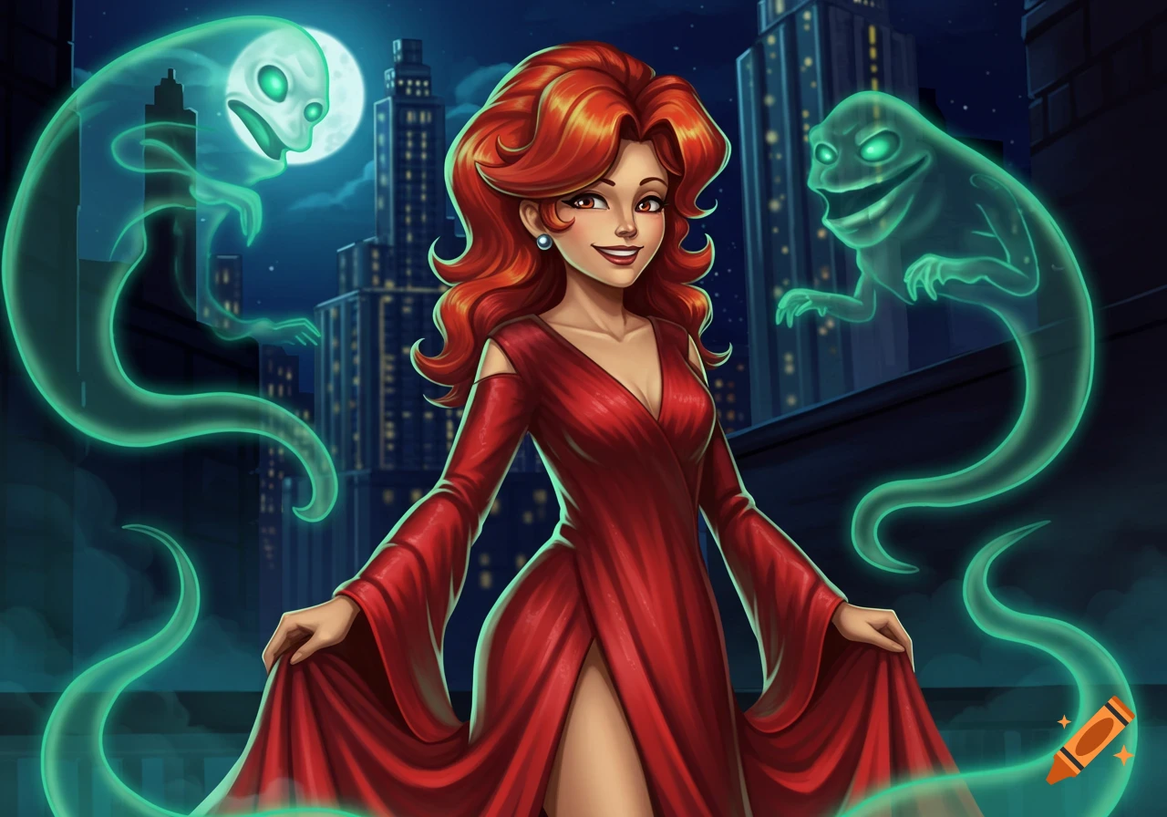 Cartoon illustration of a red-haired woman in a red dress on a city rooftop at night with two green ghosts and a full moon.