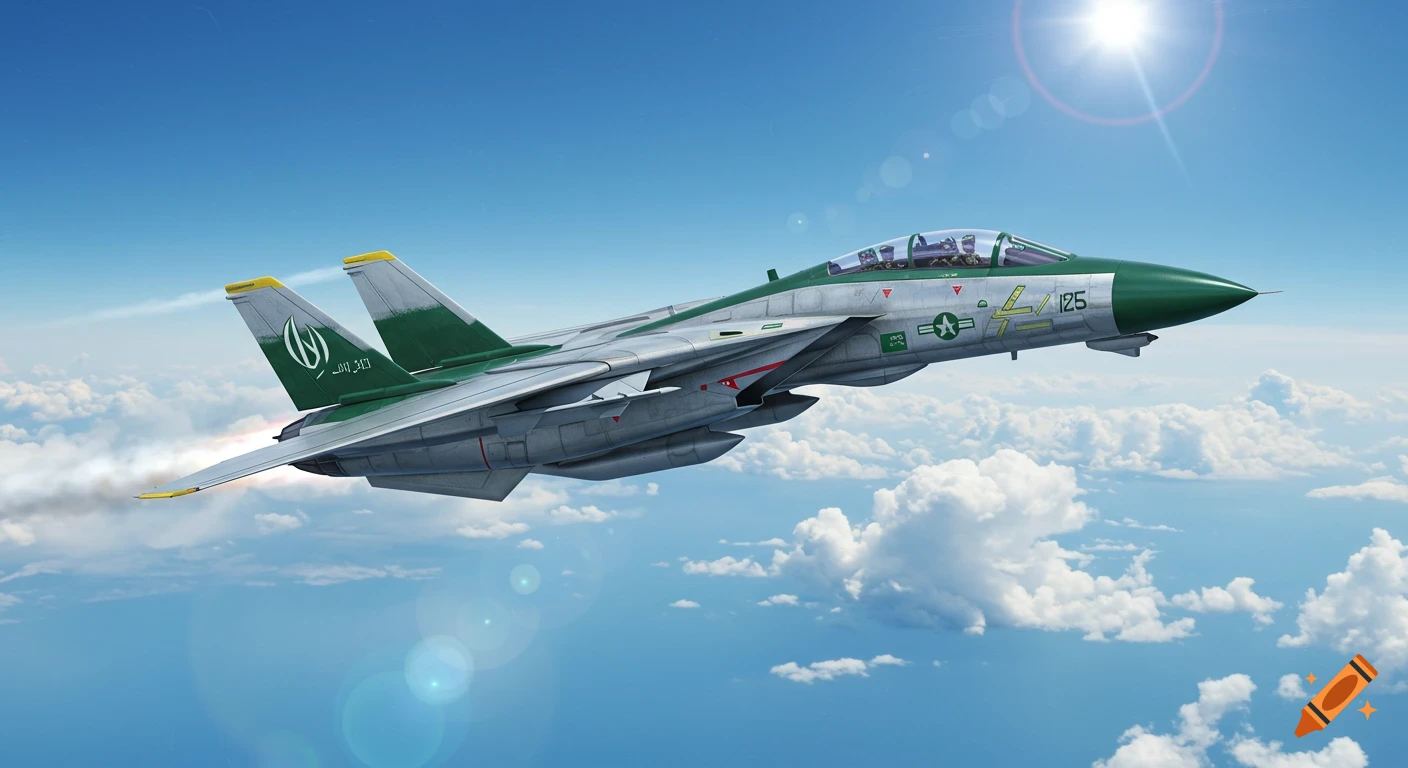 A green and gray F-14 Tomcat fighter jet with unique markings flies through a blue sky with white clouds, leaving a smoke trail.