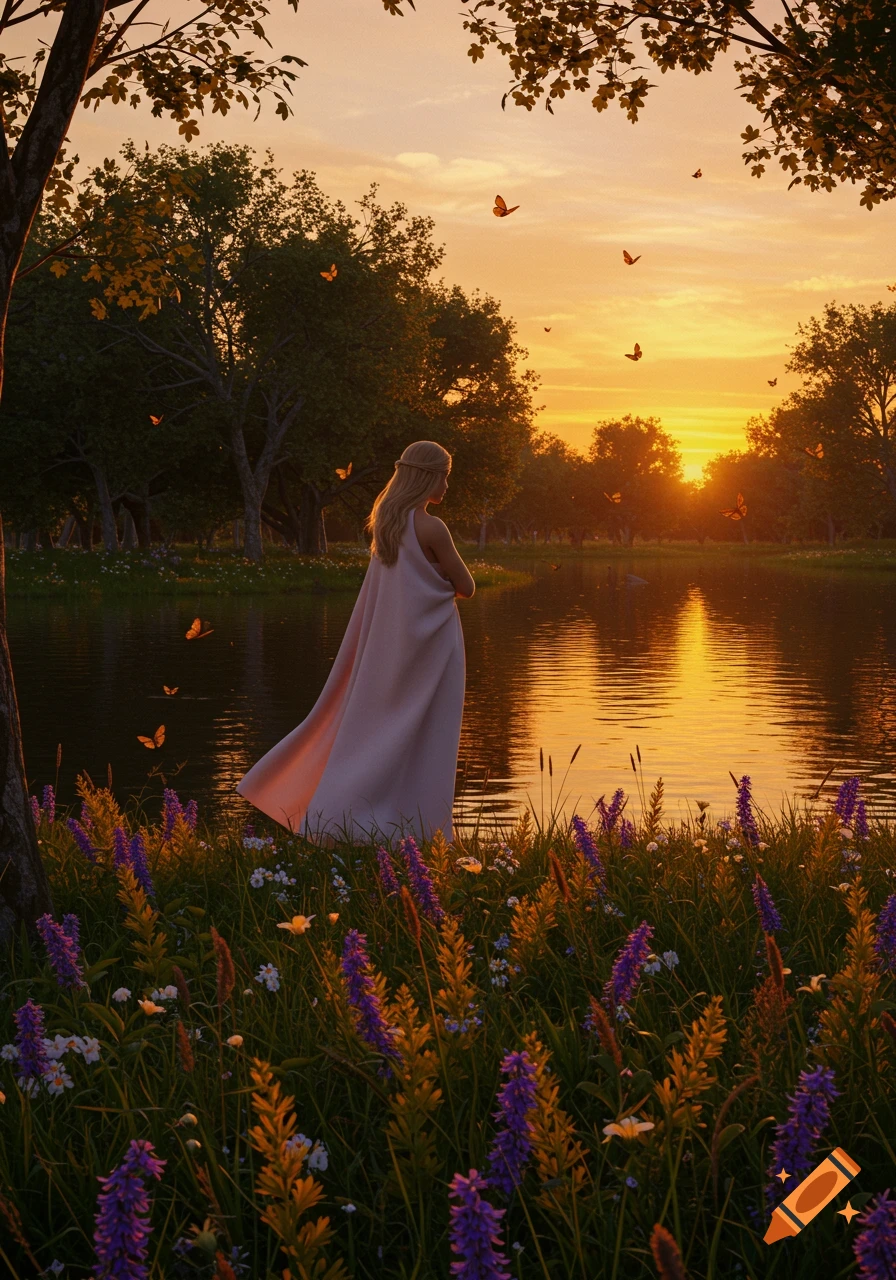 A woman with long blonde hair in a flowing white dress stands by a tranquil lake at sunset, surrounded by lush trees, colorful wildflowers, and flying butterflies.