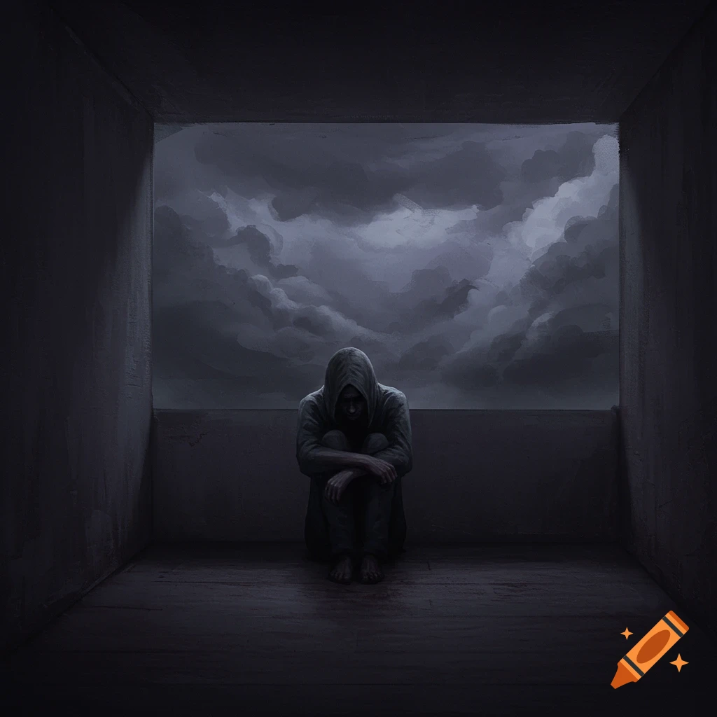 A dark digital painting of a hooded figure sitting hunched in a confined, shadowy room, gazing out at a stormy, oppressive sky.