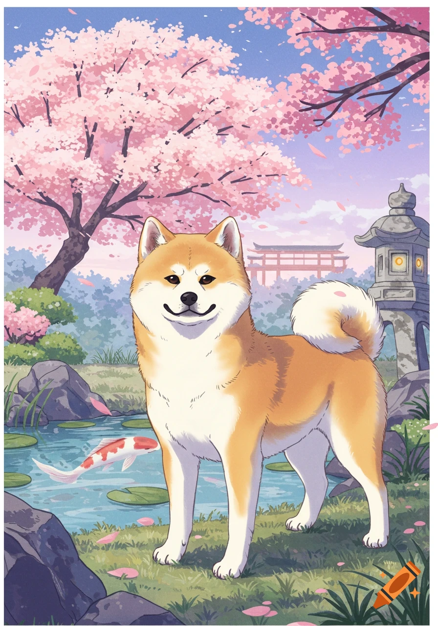 Anime illustration of an Akita dog in a Japanese garden with pink cherry blossoms, a pond, and koi fish.