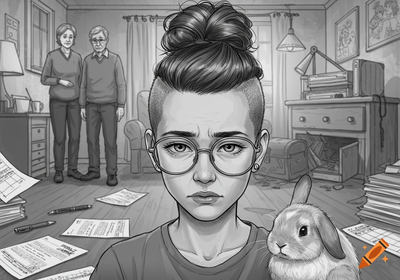 Grayscale illustration of a sad young woman with a bunny, glasses, and a top knot, with distressed parents in a messy room.