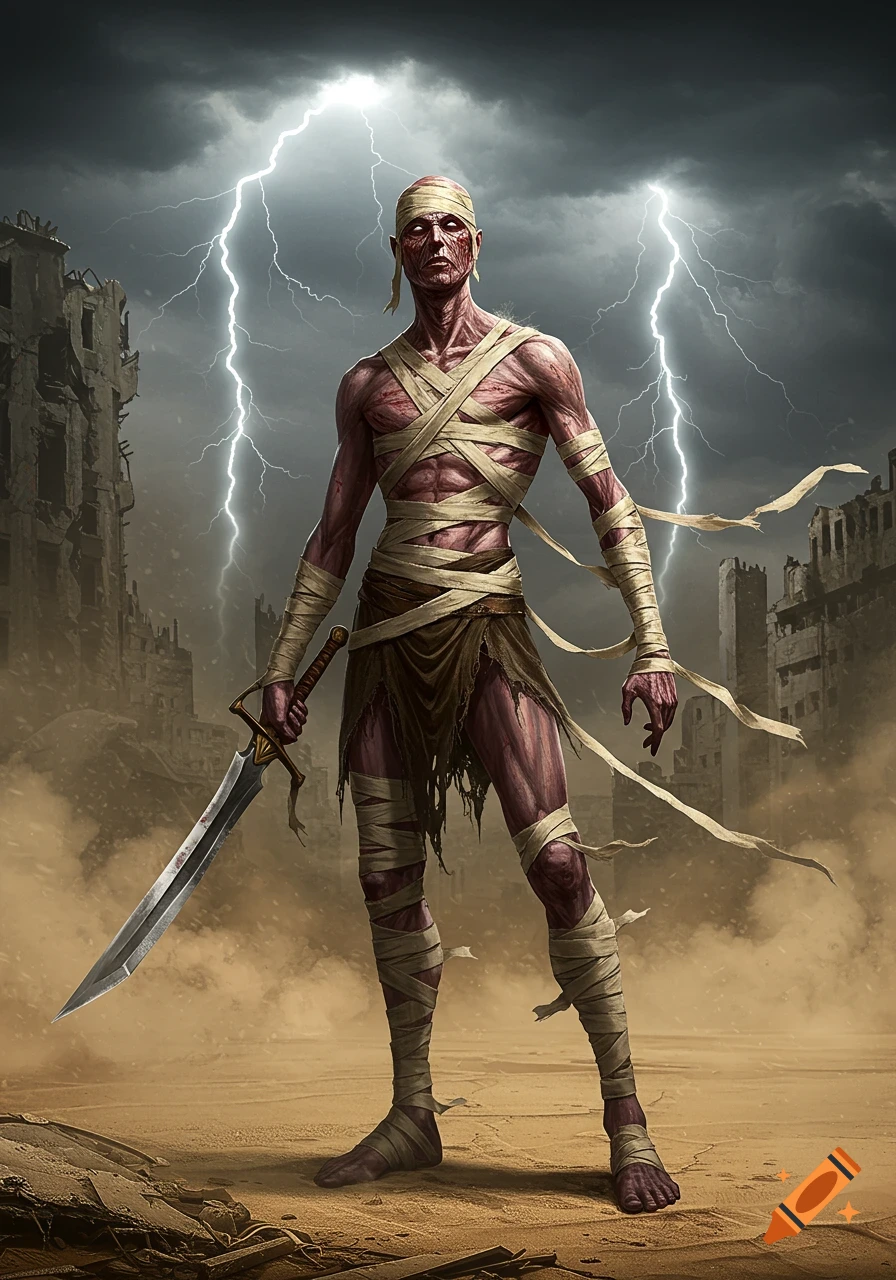 Gaunt mummy warrior with a sword in a ruined, stormy landscape with lightning, dark fantasy art.