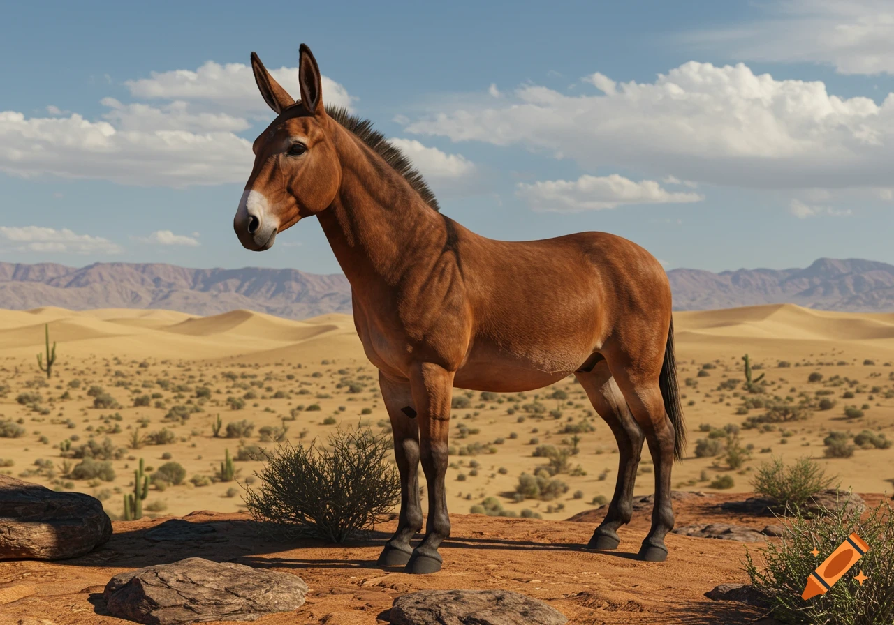 A photorealistic brown mule stands in a vast desert landscape with sand dunes, sparse vegetation, and mountains under a blue sky.