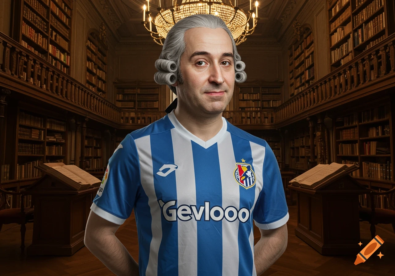 A man in a white powdered wig and a blue and white striped soccer jersey stands in a grand library.