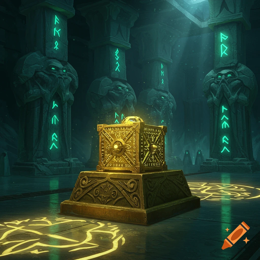 A glowing golden puzzle box sits on an ornate pedestal in a dark, ancient fantasy dungeon with rune-carved pillars and dwarf statues.