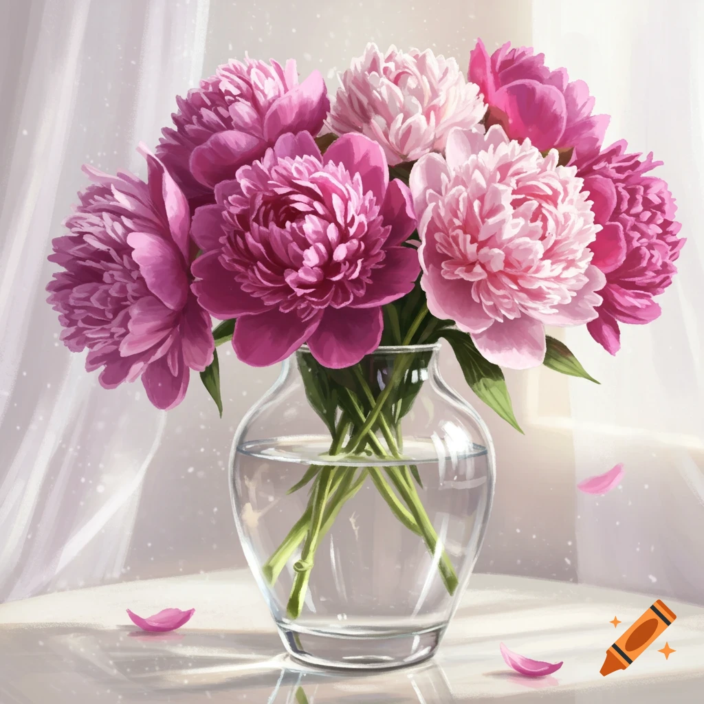 Vibrant pink and light pink peonies in a clear glass vase on a white table, against a soft, bright background.