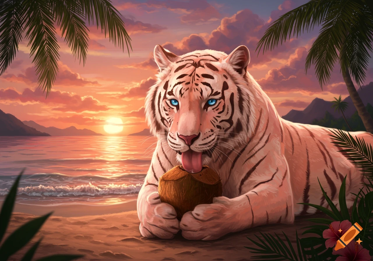 A majestic white tiger with striking blue eyes licks a coconut on a tropical beach at sunset, with palm trees and a calm sea in the background.