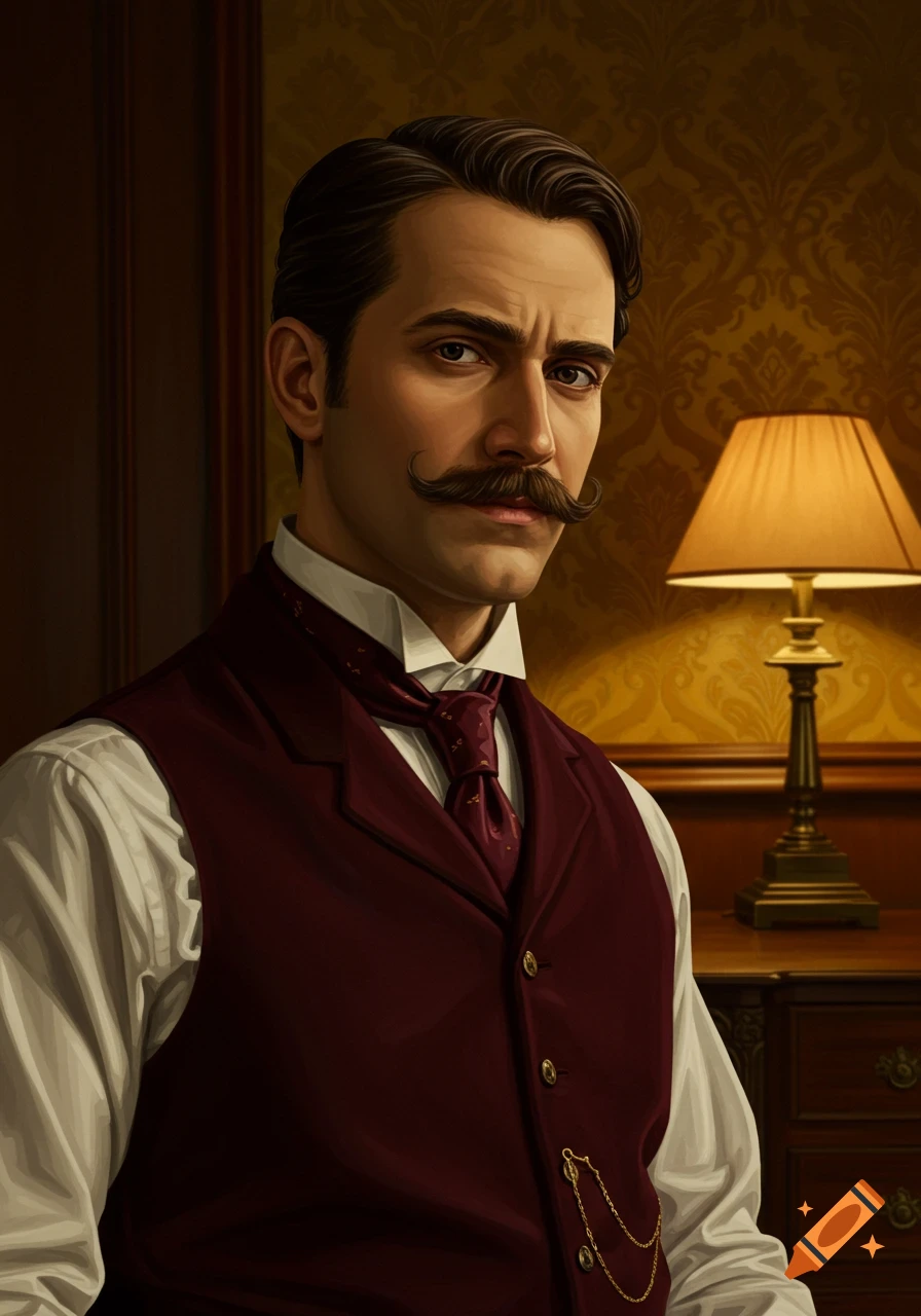 Victorian painting of a brunette man with a mustache, wearing a maroon vest and white shirt, looking forward in an ornate room.