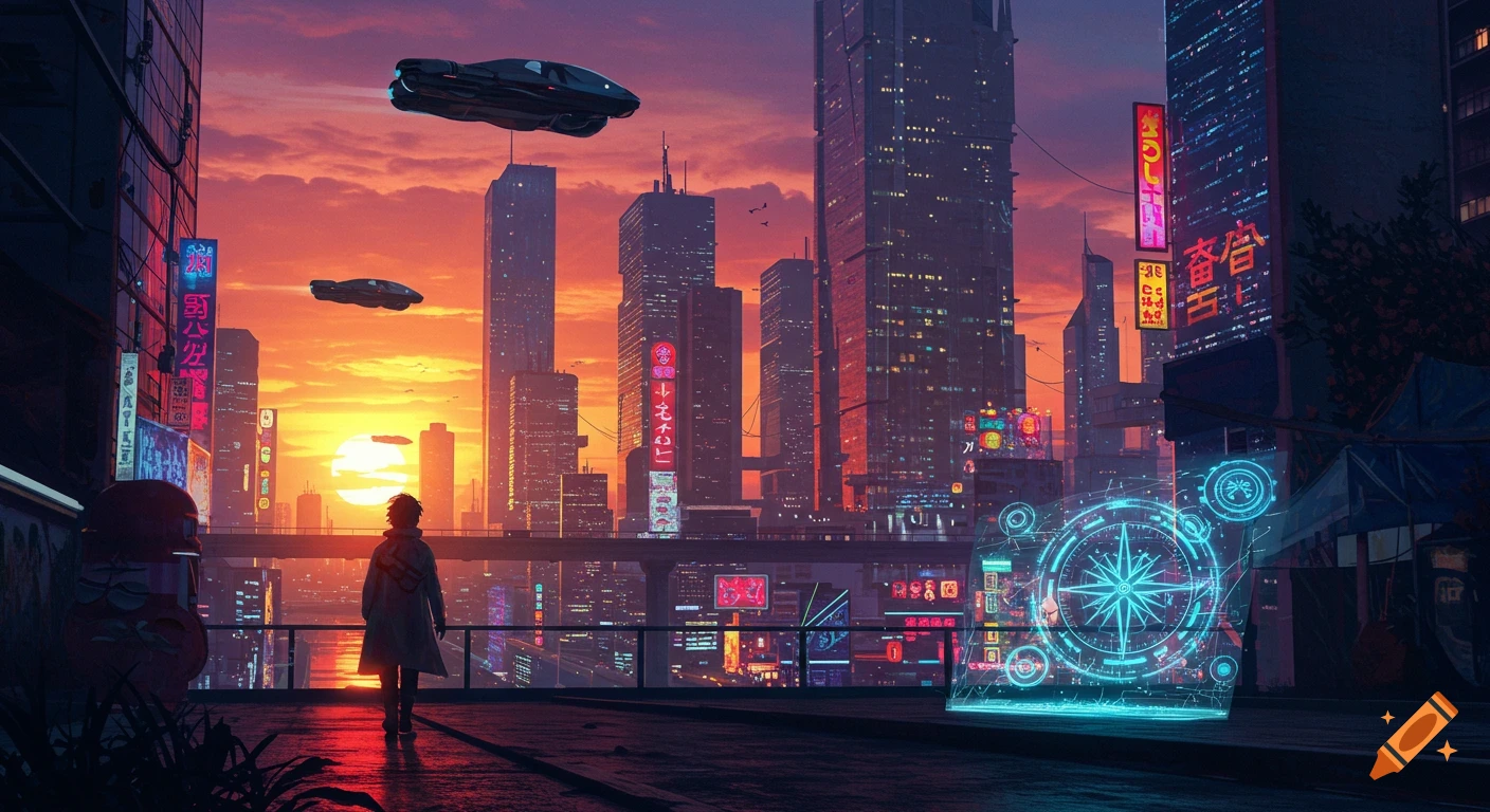 A lone traveler stands on a futuristic city rooftop at sunset, looking out at skyscrapers, flying vehicles, and neon signs.
