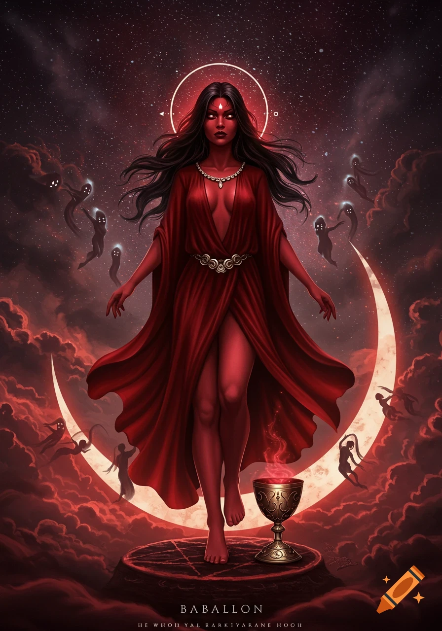 A red-skinned woman in a flowing red gown stands on a pentagram platform, surrounded by ghostly figures and a crescent moon against a starry red night sky. She has long dark hair, a halo, and glowing red eyes.