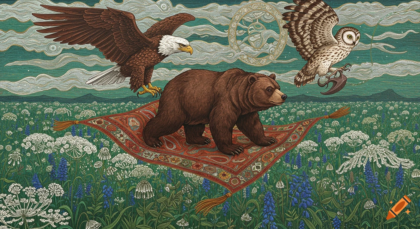 Detailed woodcut illustration of a bear on a red magic carpet flying over wildflowers, with an eagle and owl.