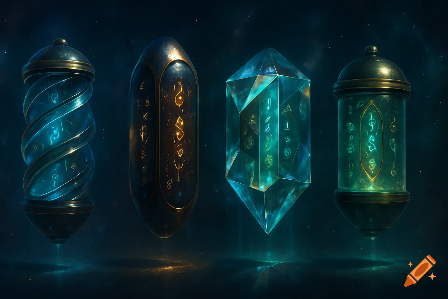 Four glowing, ornate capsules and crystals with runes, in a sci-fi fantasy style against a dark, starry background.