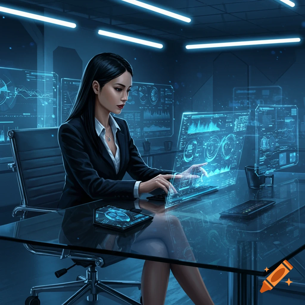 A businesswoman in a suit interacts with holographic screens displaying data in a dark, high-tech office. Photorealistic style.