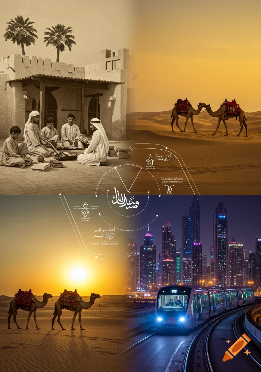 A collage showing a comparison of past and present UAE, with scenes of traditional study, desert camels, and a modern city with a train.