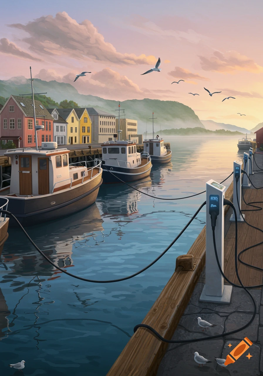 An illustrative painting of boats docked at a vibrant harbor, charging. Colorful buildings line the shore, with mountains in the misty background under a pastel sky.