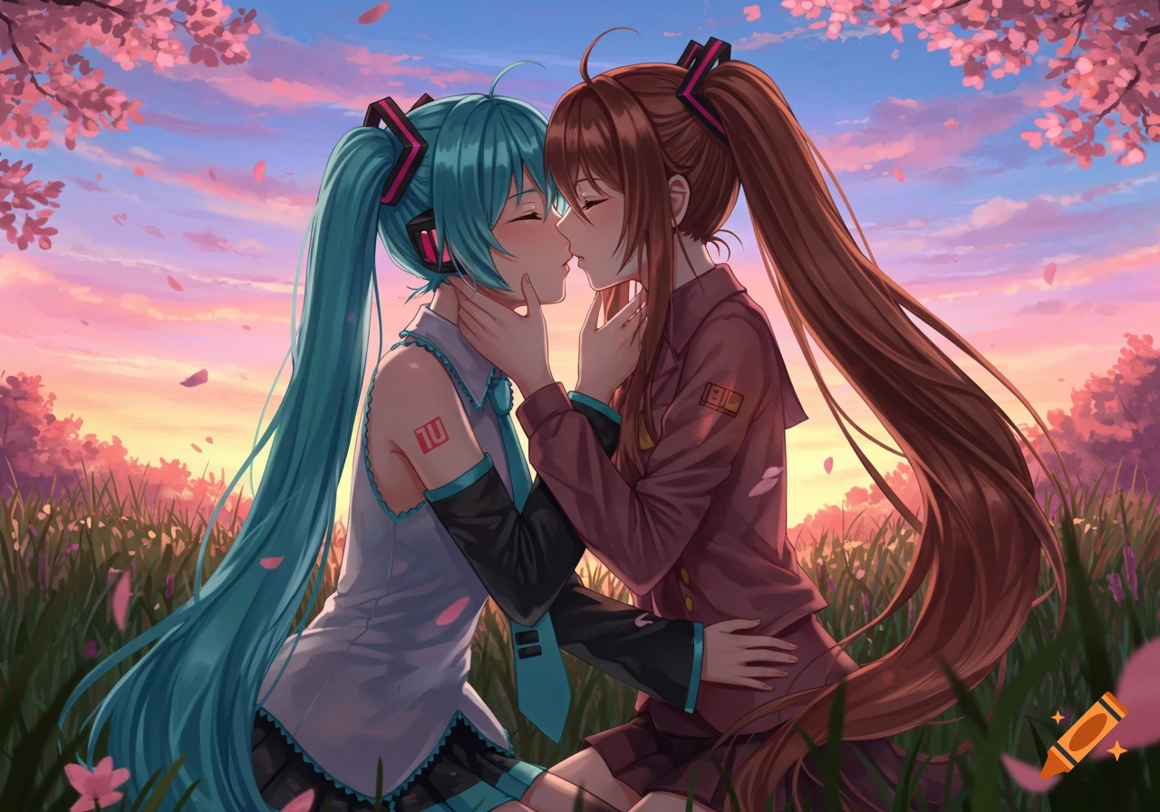 Anime girls Hatsune Miku and Monika kissing in a field of grass and cherry blossoms at sunset.